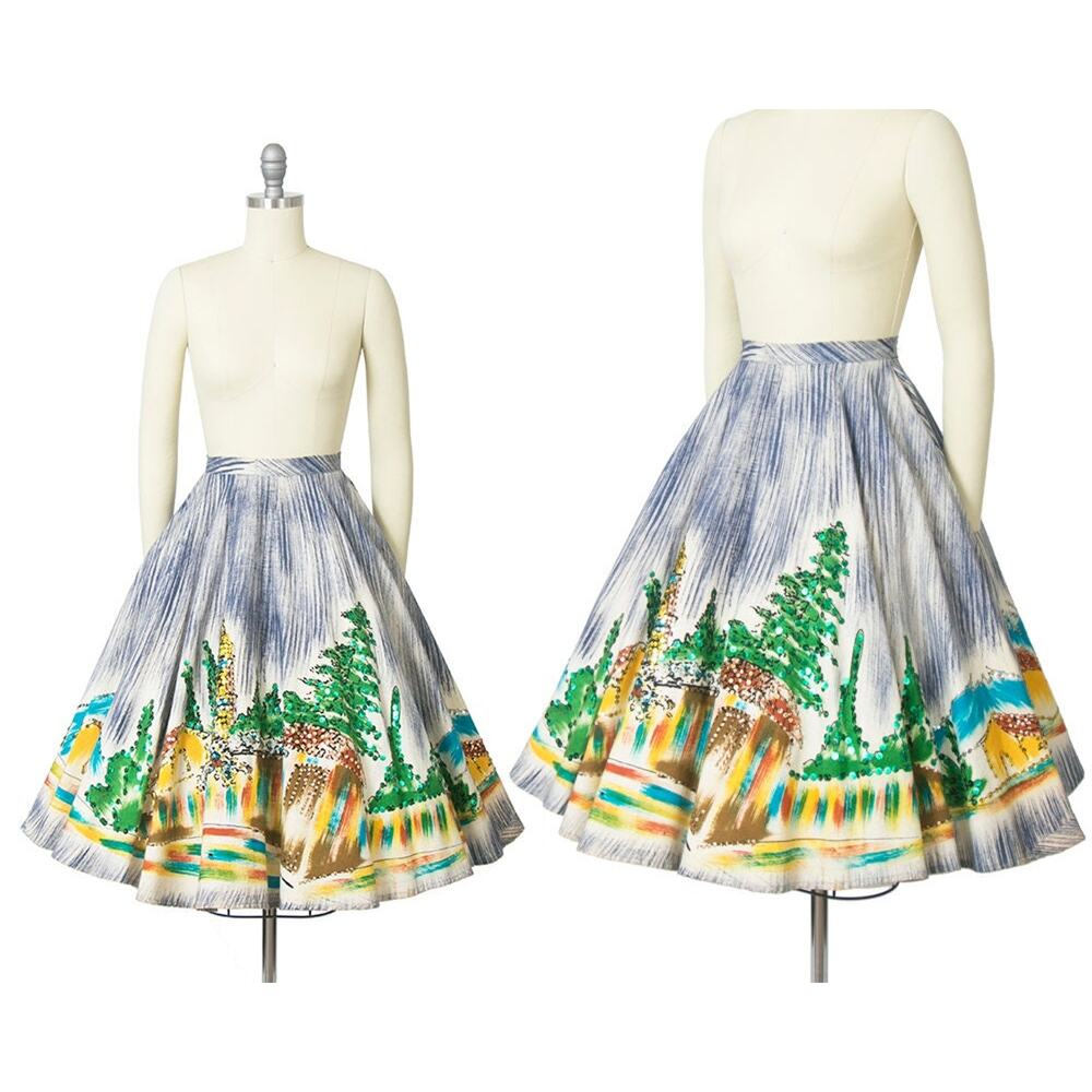 Vintage 1950s Skirt 50s Mexican Sequin Novelty Border Print Cotton Hand Painted